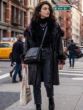 Norma Canada Stylish Black Leather Jacket with  Fur Trim , Size M